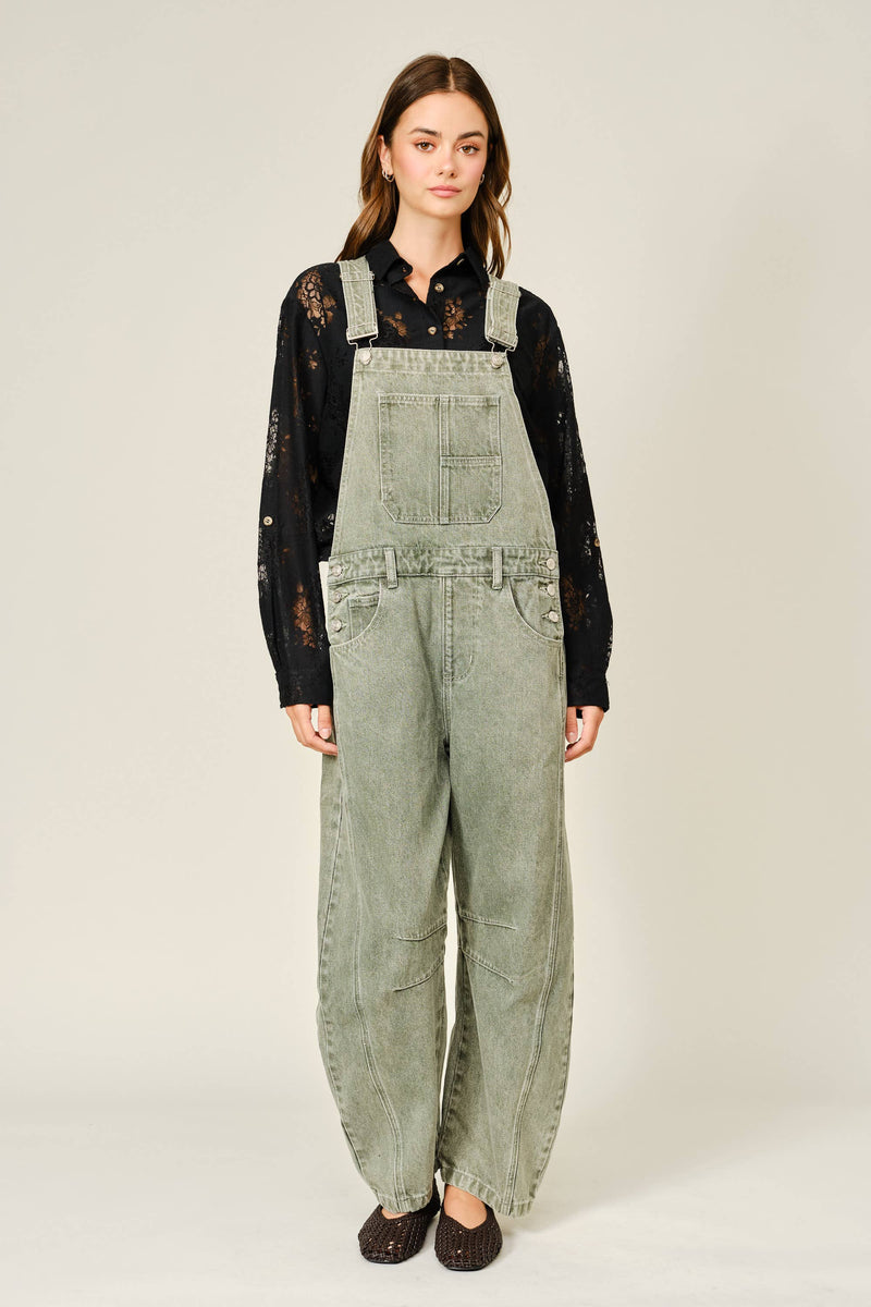 Relaxed Fit Barrel Denim Overalls - Olive