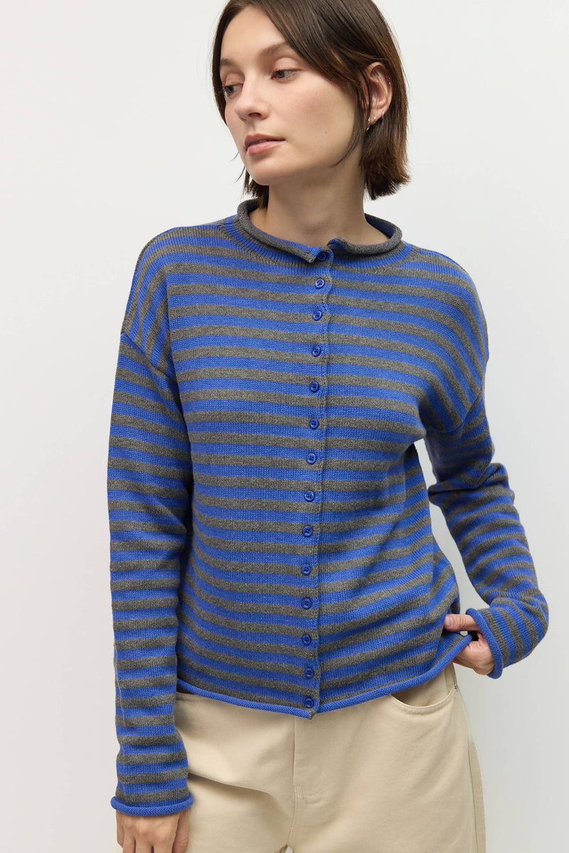 The Cecelia Cardigan | Striped Mock Neck Cotton Cardigan - Blue & Grey