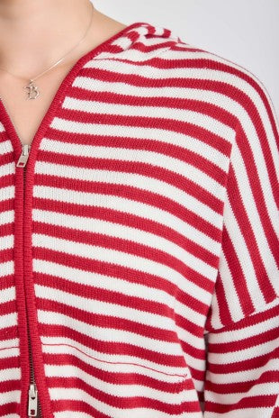 Striped Zip-Up Hoodie - Red & Ivory (Curvy)