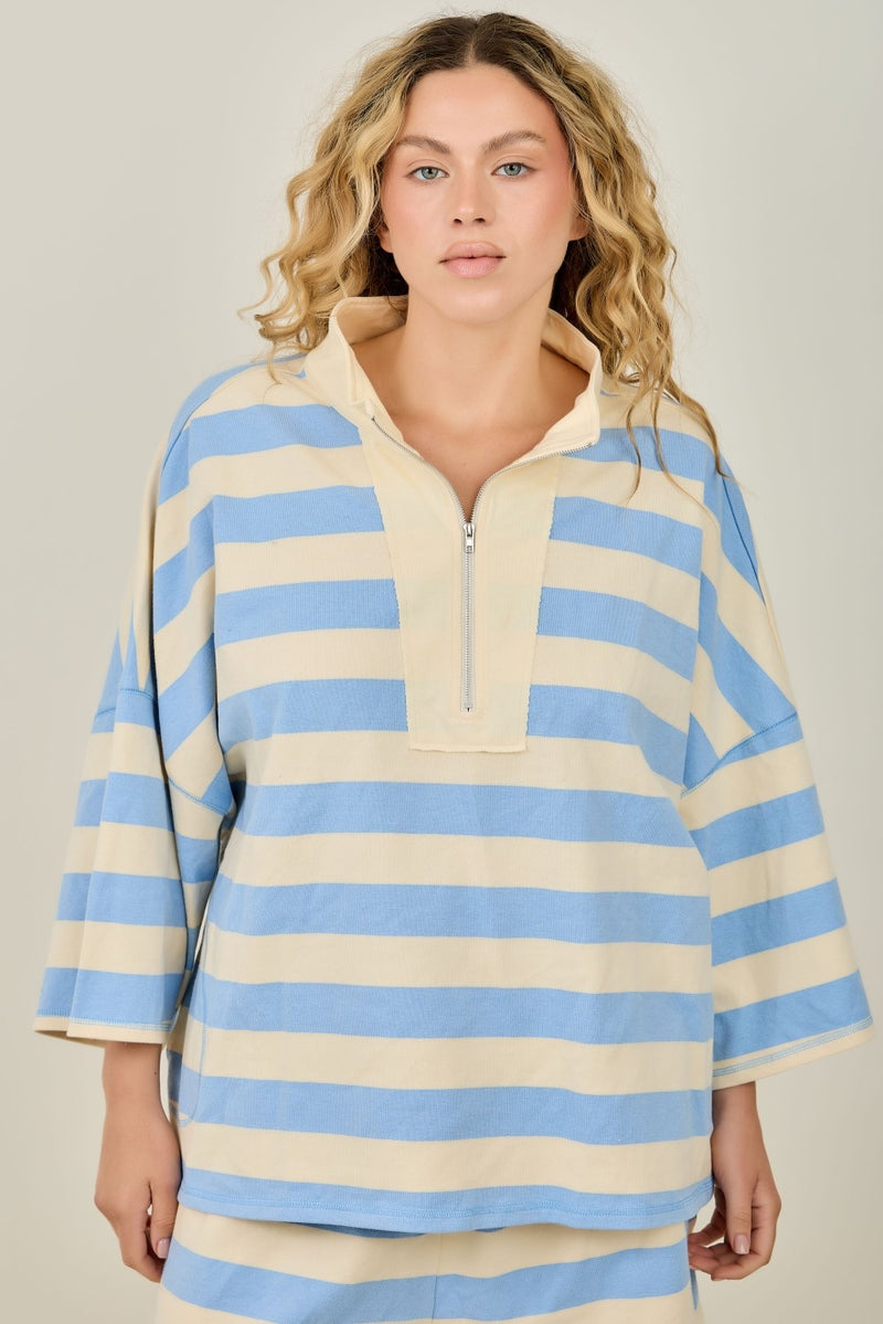 Striped Quarter Zip Sweater - Cream & Light Blue