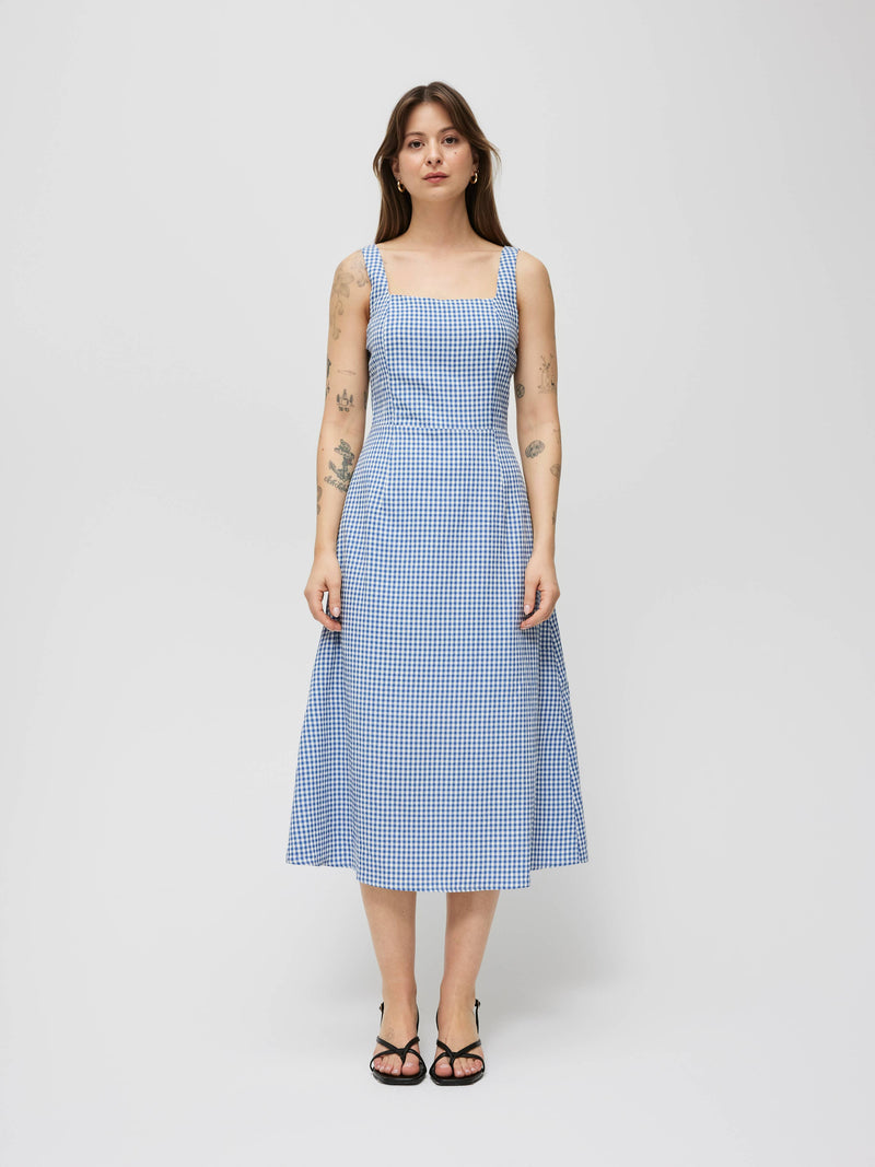 The Madeline Dress | Square Neck Gingham Midi Dress - Blue