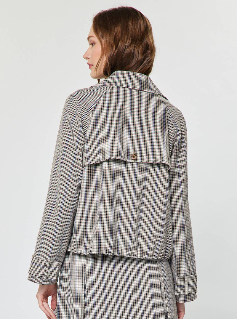 Plaid Cropped Trench Jacket - Navy & Taupe