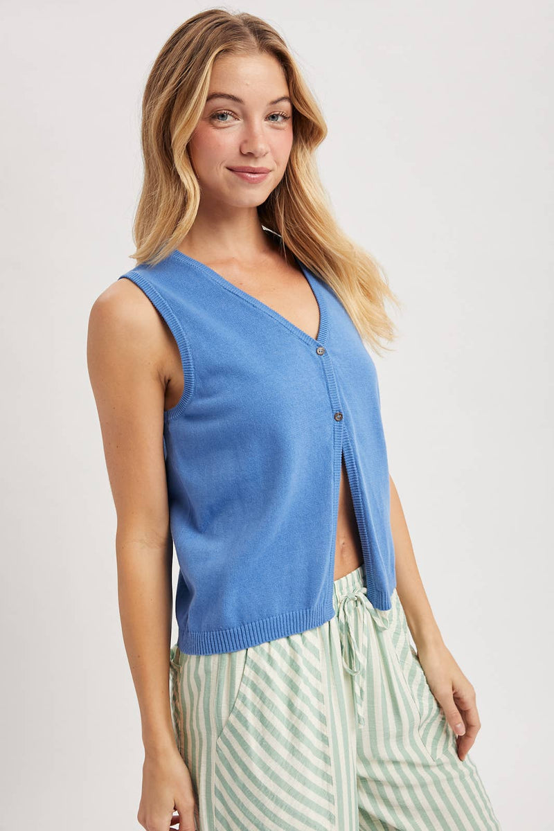V-Neck Button Front Sweater Vest - Seabreeze