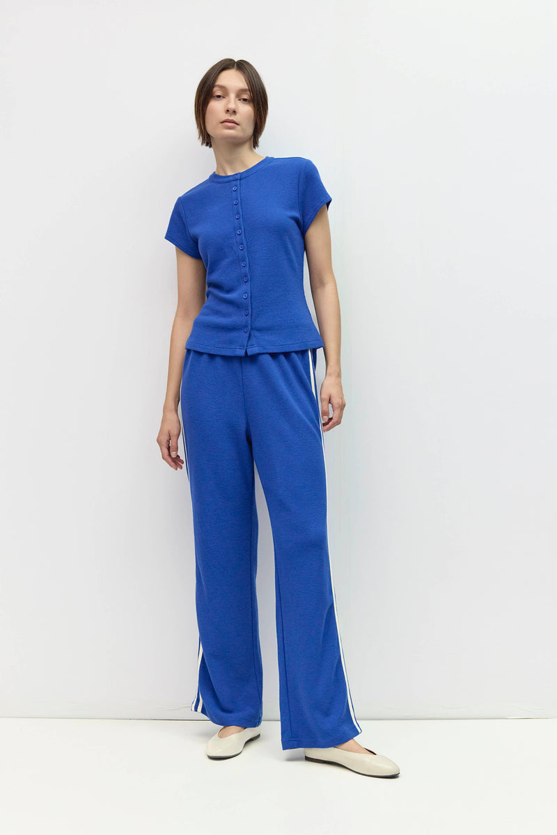 The Enzo Top | Waffle Button-Up Knit Top - Blue
