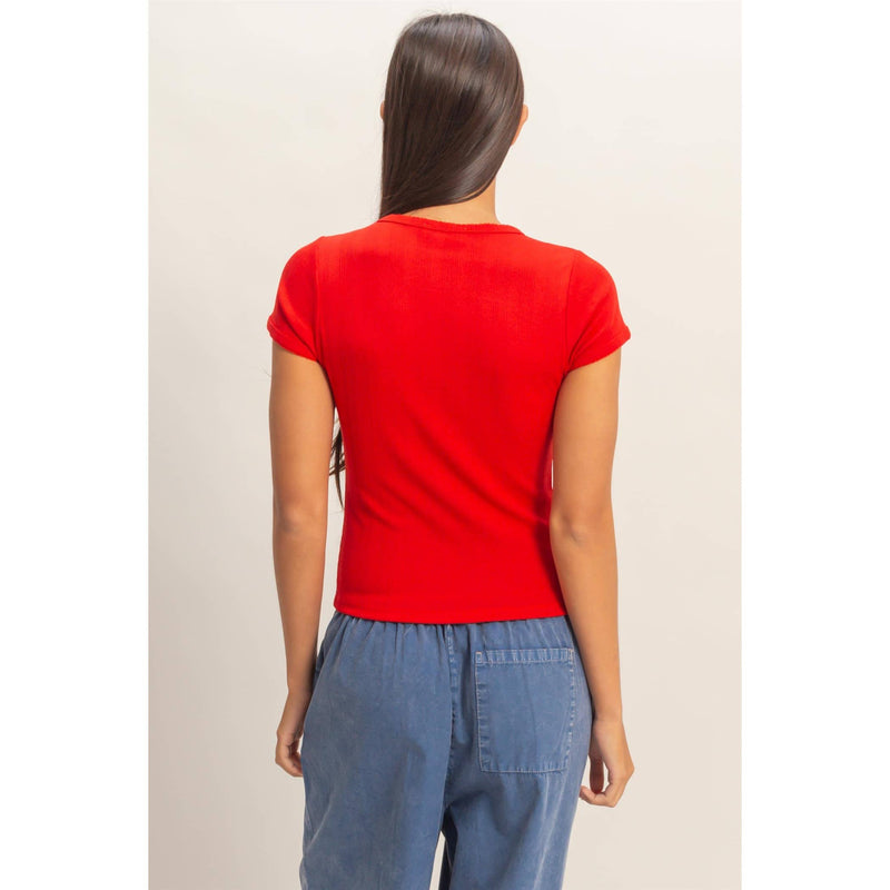 Pointelle Short Sleeve Top - Red