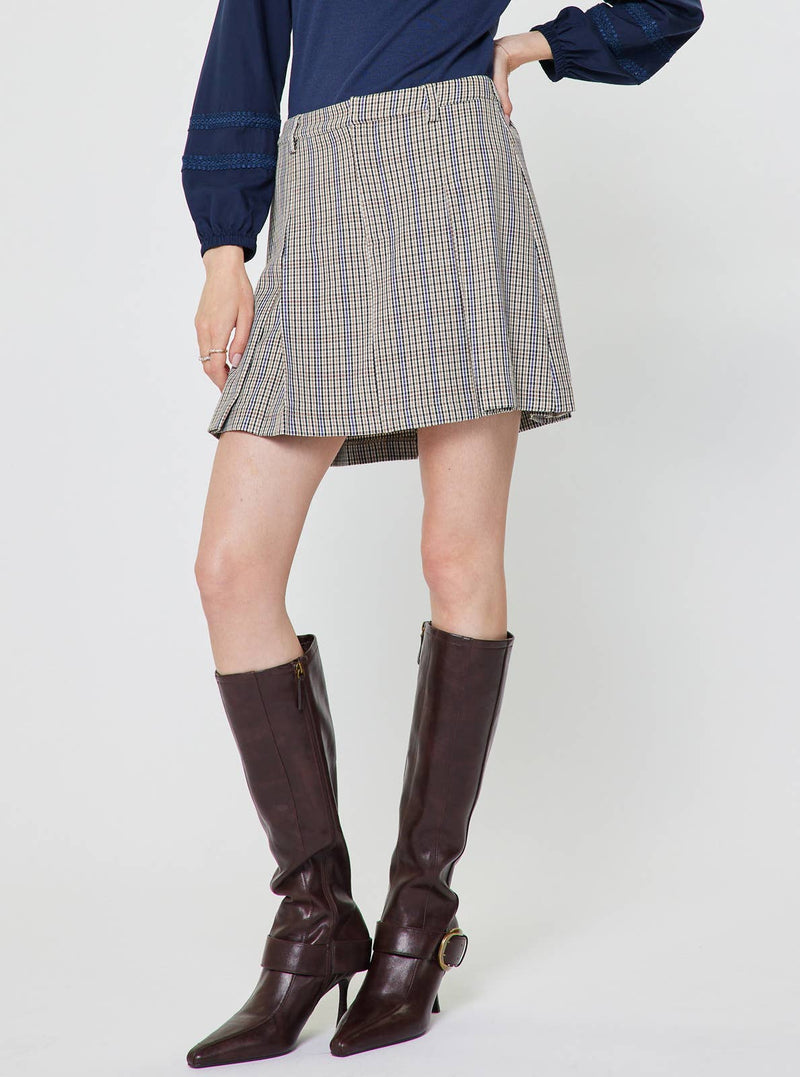 Plaid A-Line Mini Skirt - Navy & Taupe