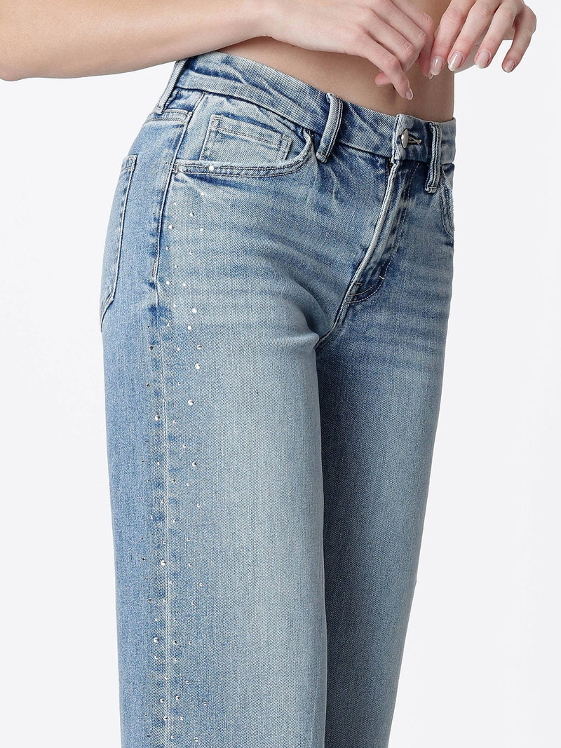 Flying Monkey • High Rise Wide Leg Jeans W/ Hotfix Stone Embellishes - Glow