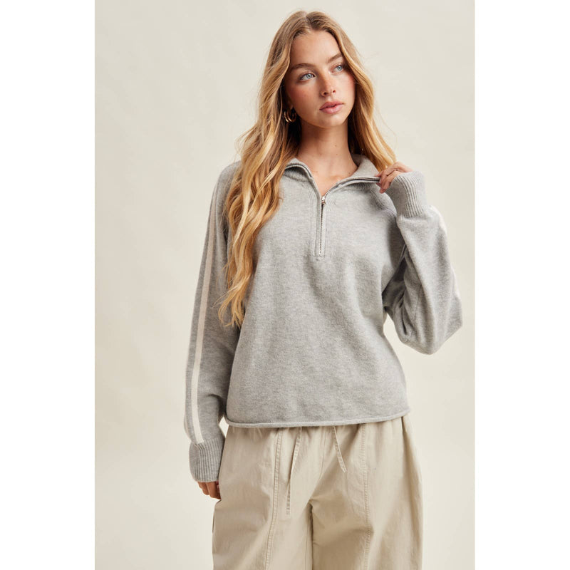 Varisty Half Zip Striped Sweater - Heather Grey & Cream