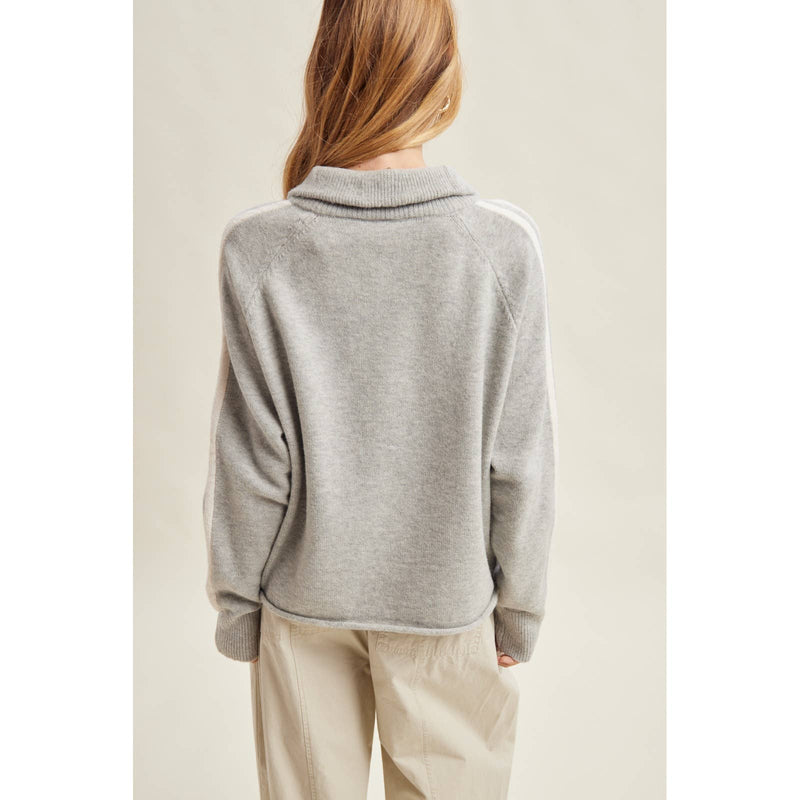 Varisty Half Zip Striped Sweater - Heather Grey & Cream