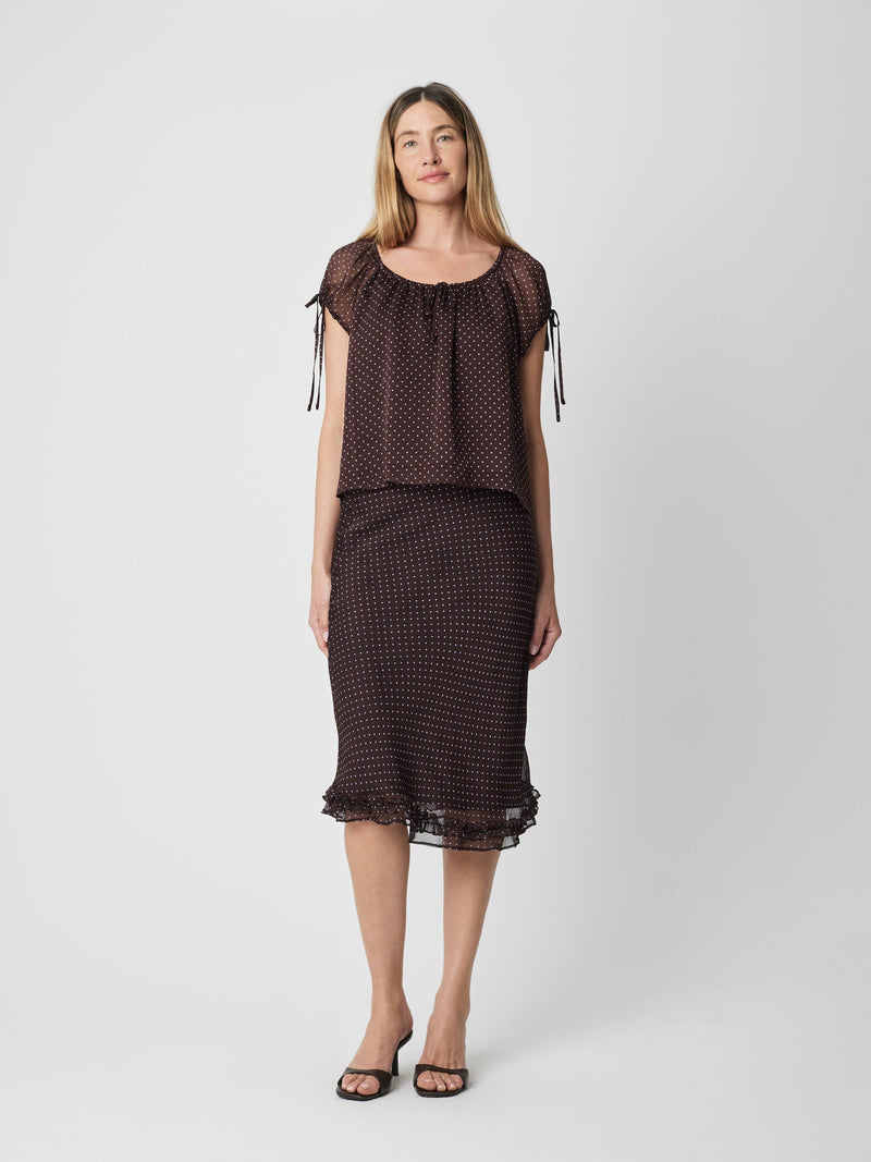 The Lauryn Top | Sheer Polka Dot Chiffon Top - Brown & Blue