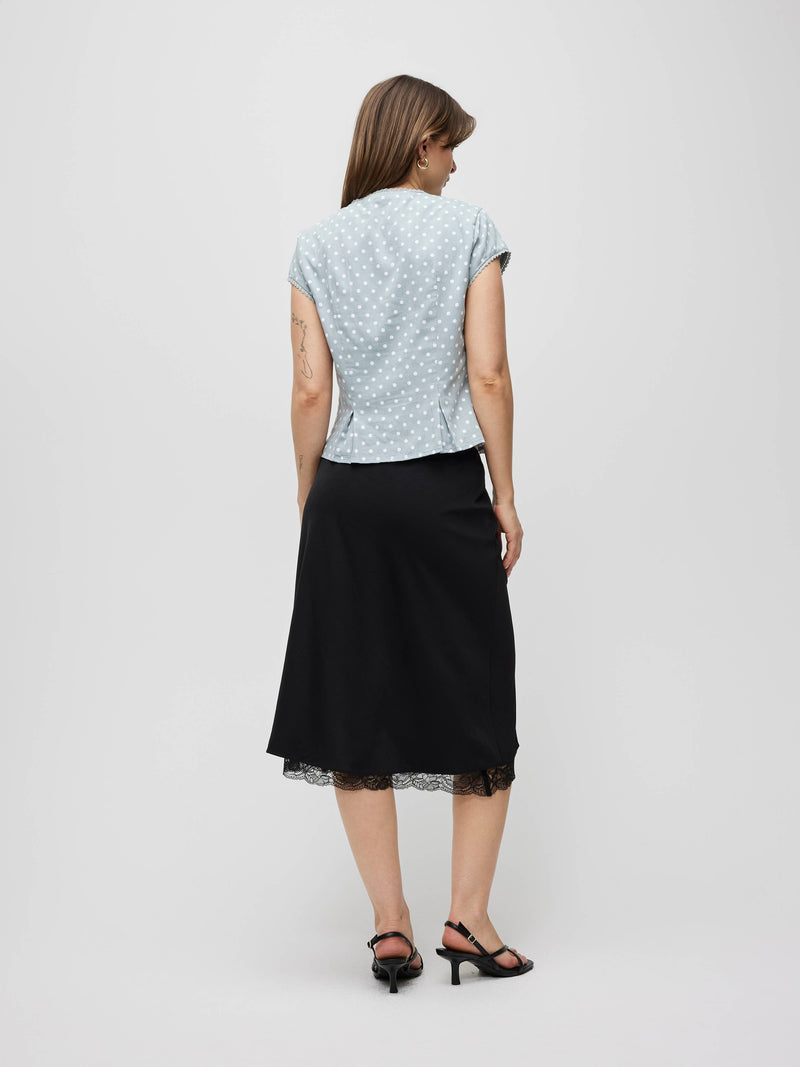 The Ruby Skirt | Satin Lace Midi Skirt - Black