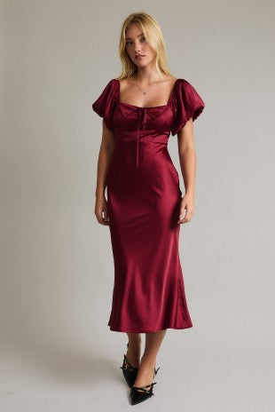 Red Satin Midi Dress