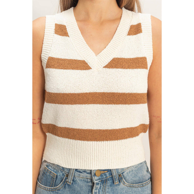 Striped V-Neck Sweater Vest - Almond