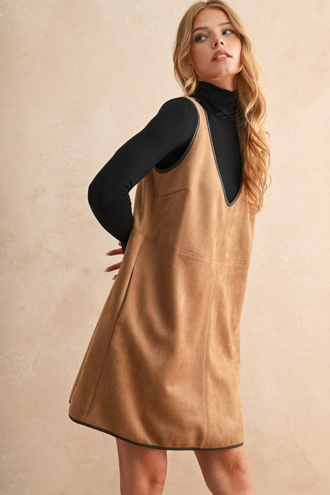 V Neck Suede Dress - Mocha