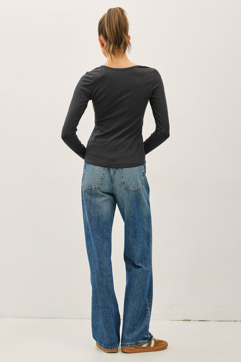 Ribbed Notched Neck Top - Dark Charcoal