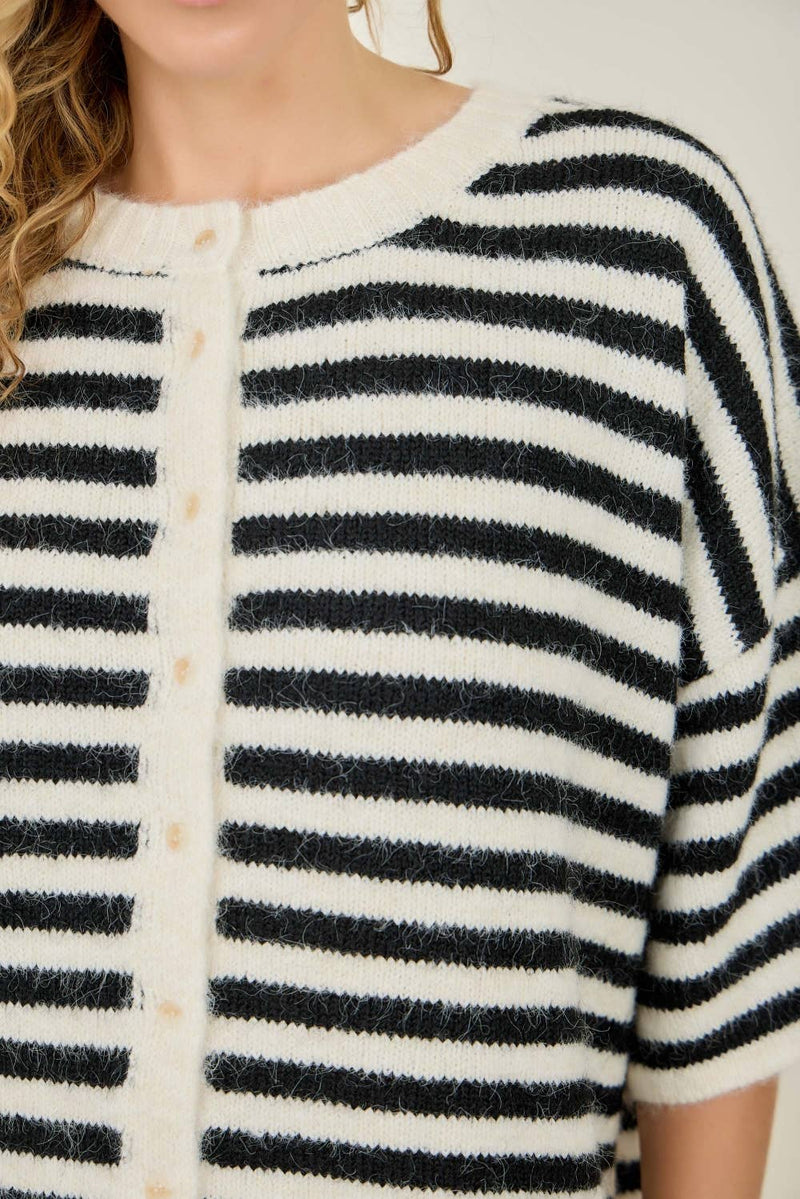Short Sleeve Striped Cardigan - Cream & Black (Curvy)