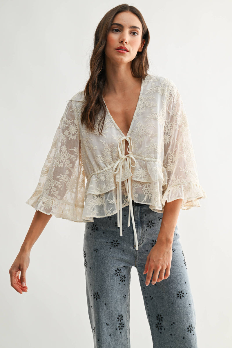 Embroidered Sheer Blouse - Cream