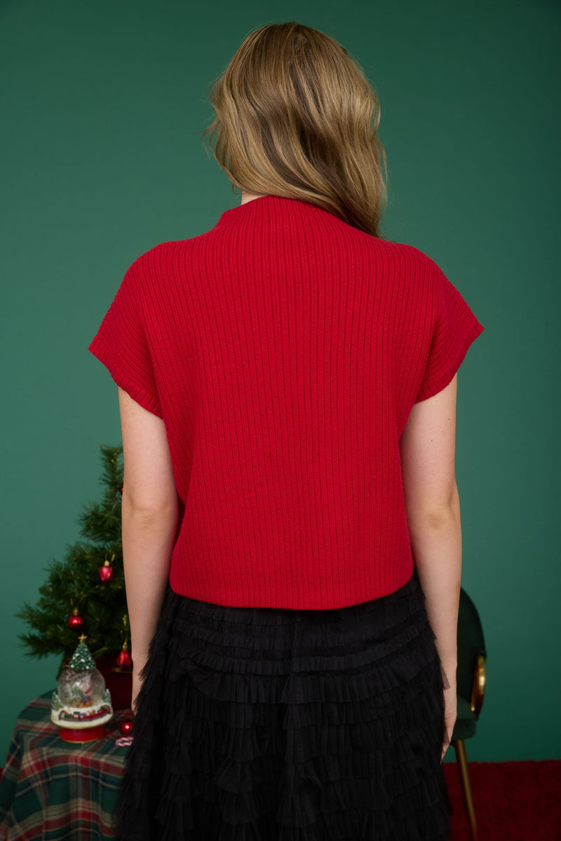 Mock Neck Pocket Detail Short Sleeve Knit Sweater - Red