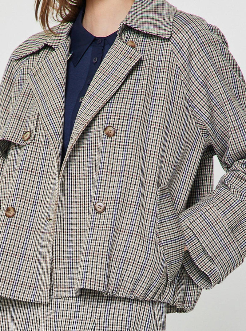 Plaid Cropped Trench Jacket - Navy & Taupe