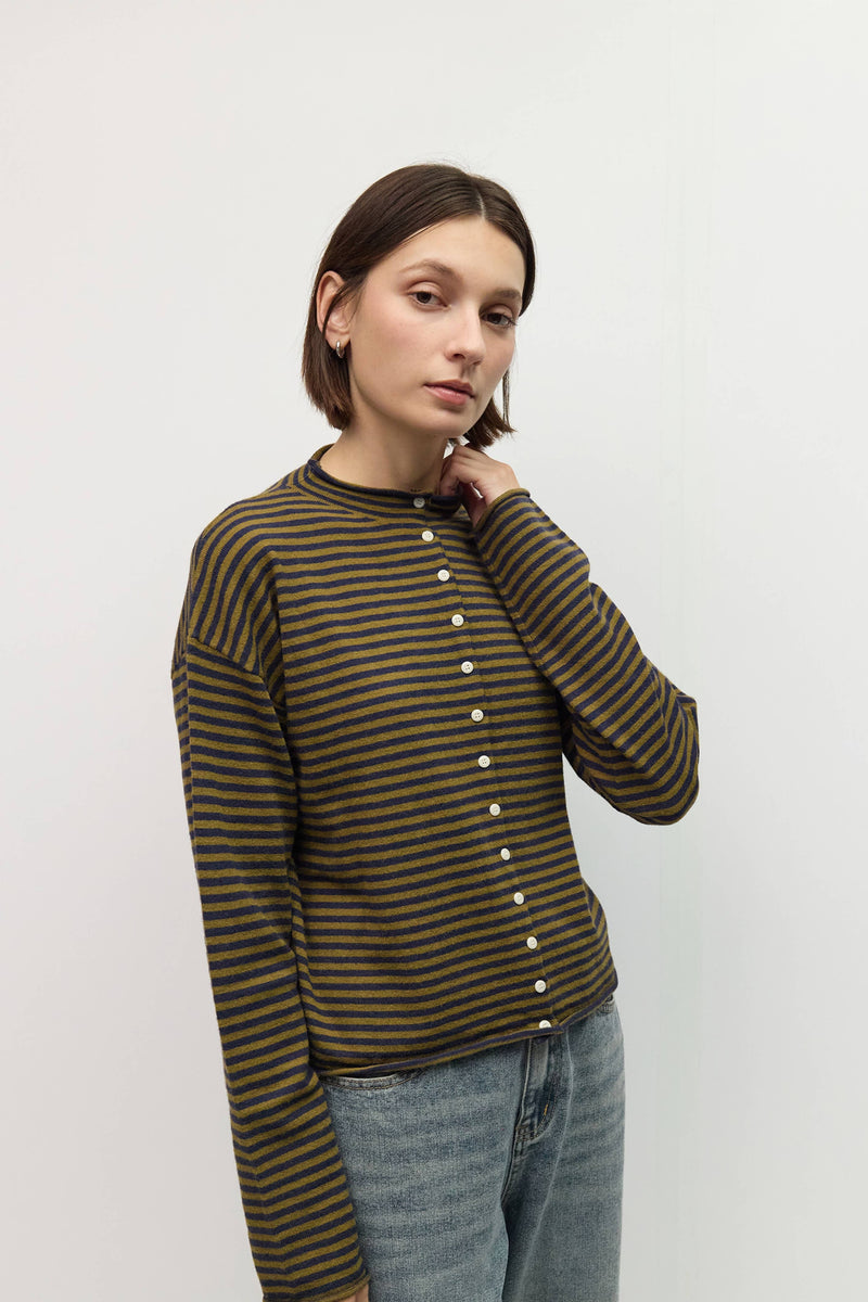 The Elisa Cardigan | Striped Button-Down Cardigan - Olive & Navy