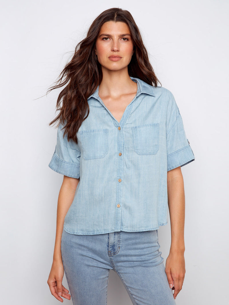 Charlie B • Short Sleeve Button-Front Tencel Blouse W/ Patch Pockets - Light Blue