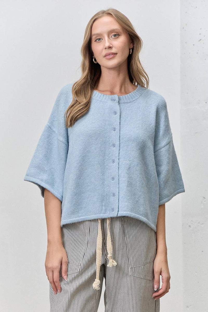 Button Up Short Sleeve Knit Cardigan - Light Blue (Curvy)