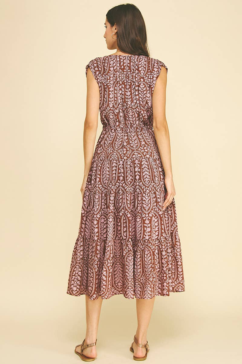 Leaf Print Midi Dress - Brown & Pink