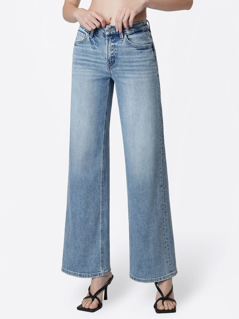 Flying Monkey • High Rise Wide Leg Jeans W/ Hotfix Stone Embellishes - Glow