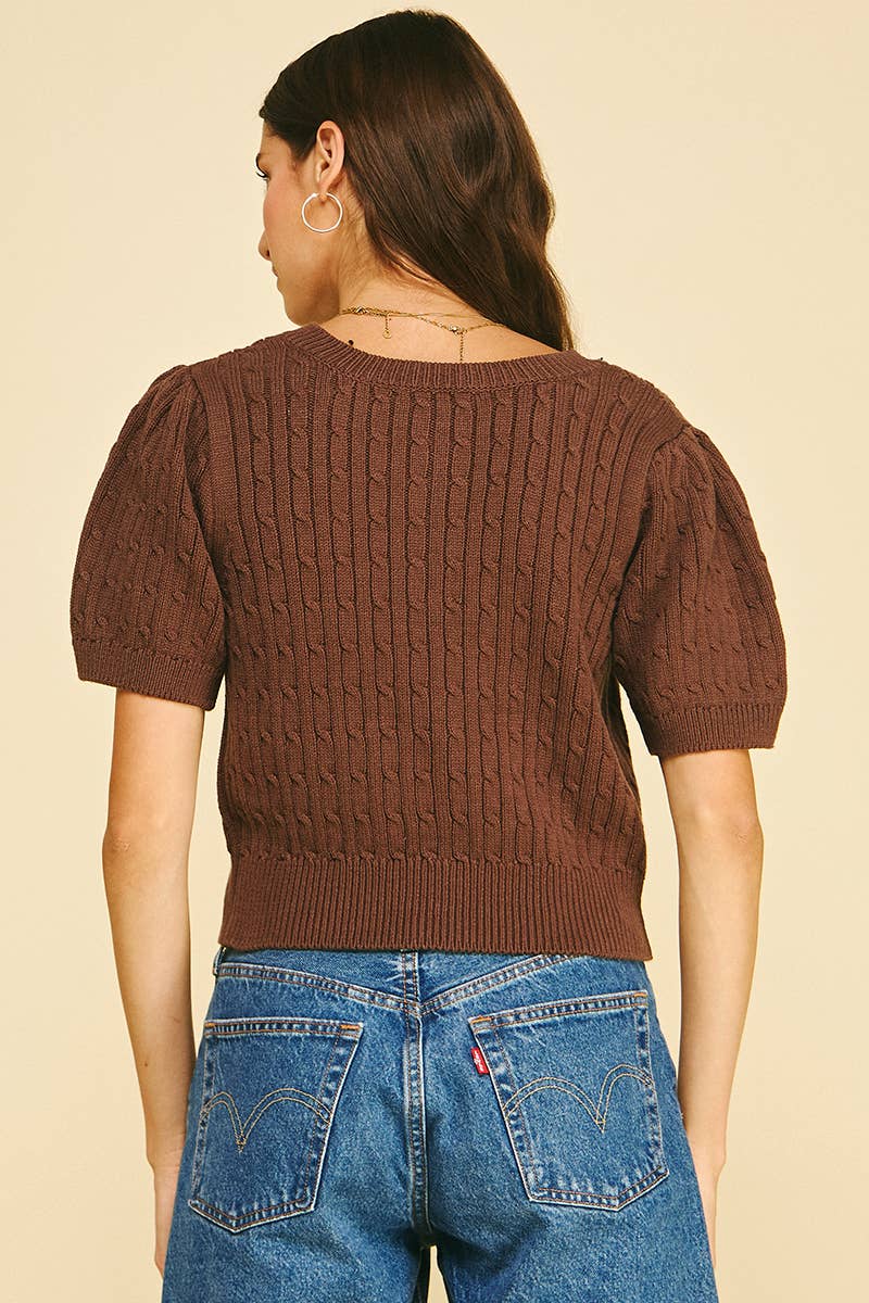 Cable Knit Short Sleeve Sweater - Espresso