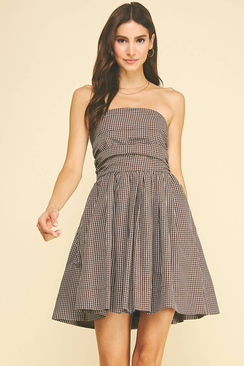Checkered Pattern Mini Dress - Brown
