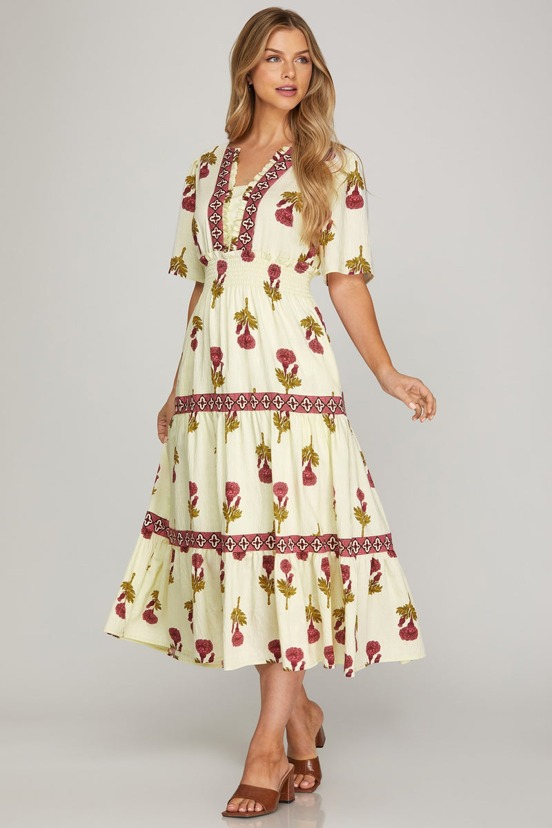 Floral Print Midi Dress - Magenta