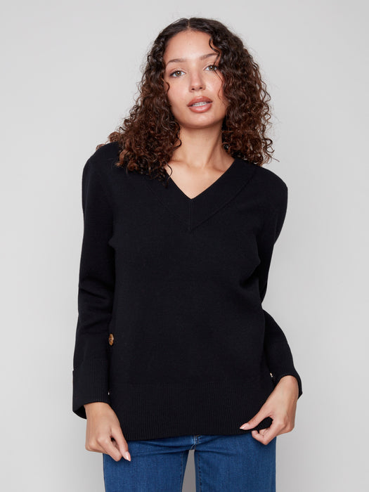 Solid V Neck Sweater - Black