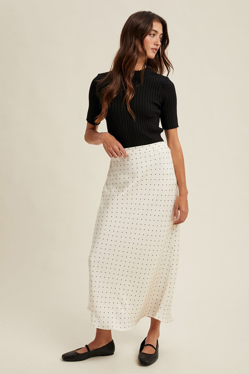 Polka Dot Satin Midi Skirt - Off White & Black