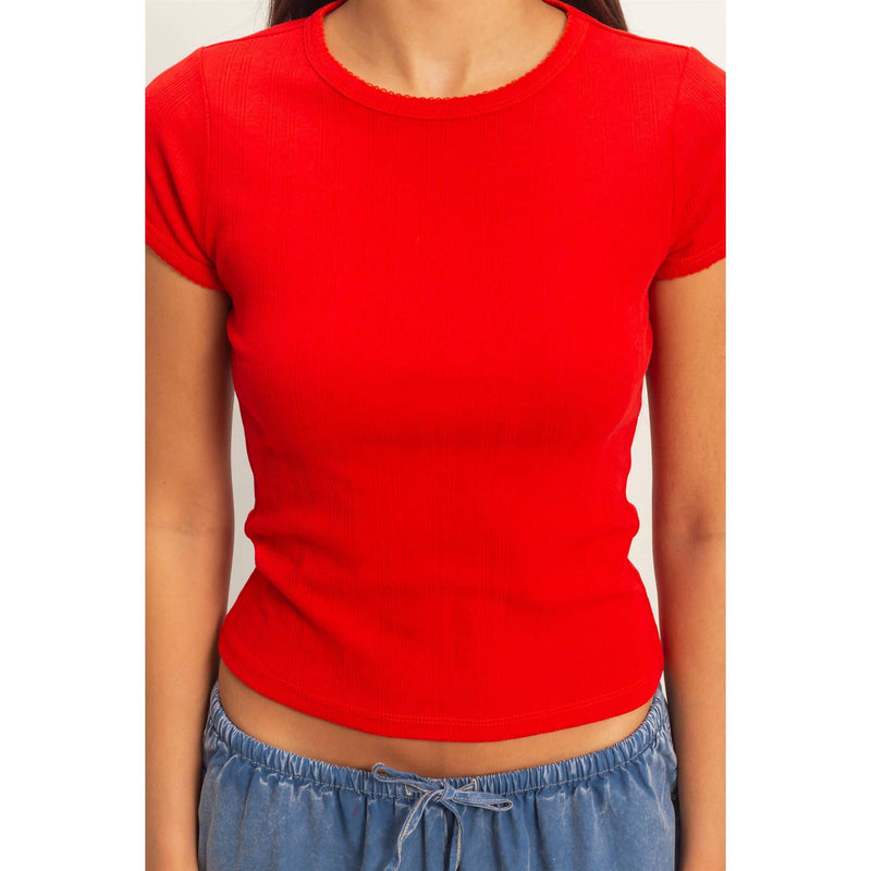 Pointelle Short Sleeve Top - Red