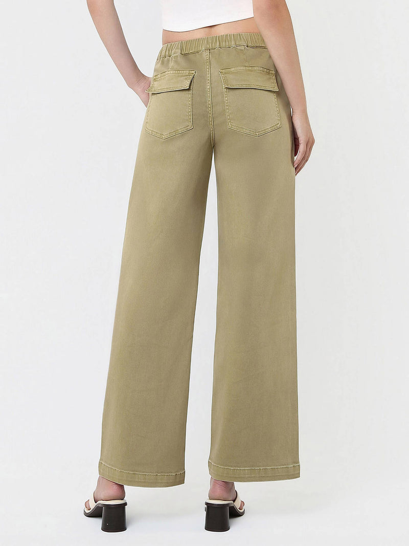 Vervet • High Rise Elastic Drawstring Baggy Wide Jeans - Herb