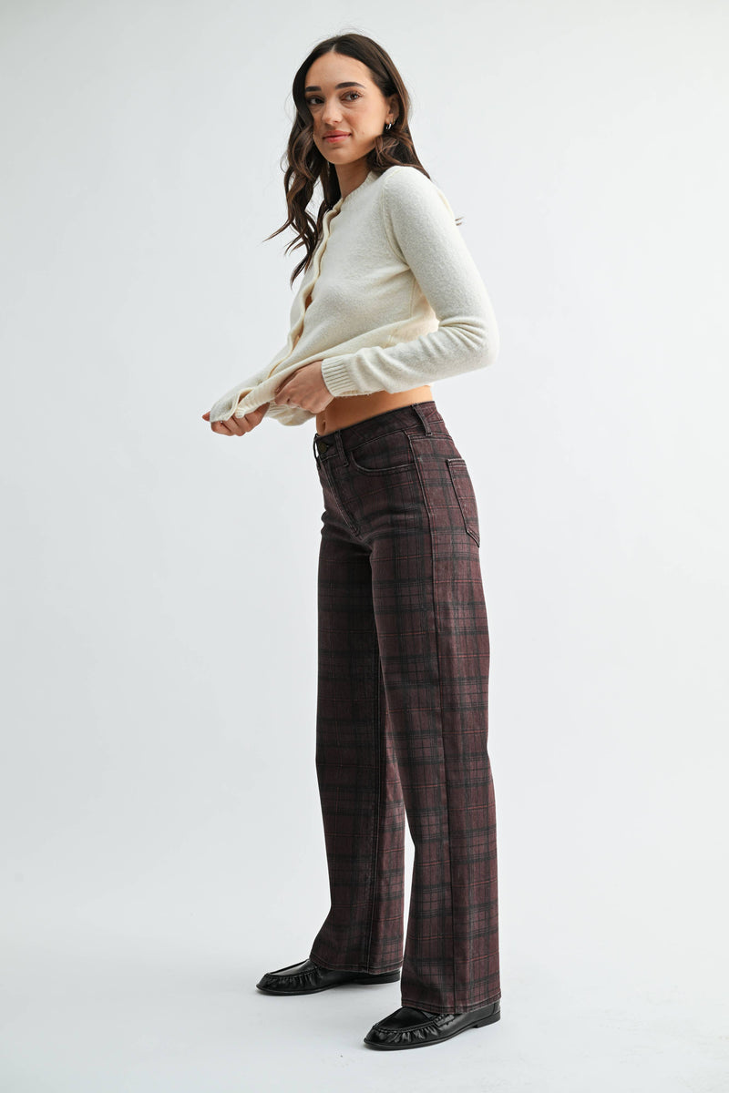 Just Black Denim • High Rise Full Length Straight Jeans - Dark Burgundy Plaid