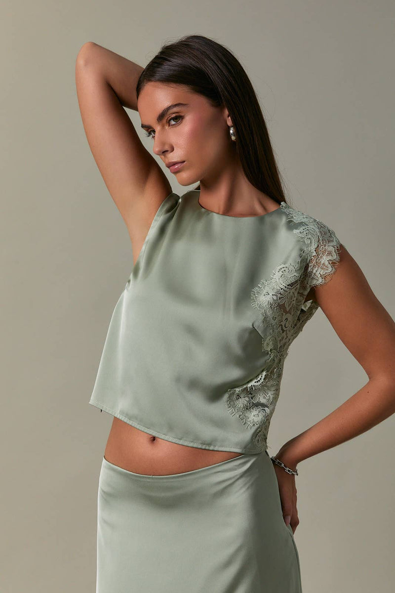 Sleeveless High Neck Lace Satin Crop Top - Sage
