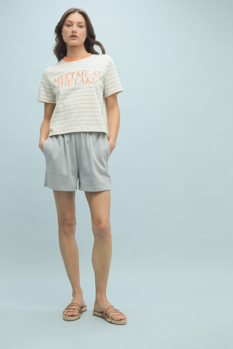Striped Tee With 'Meet Me At The Lake' Embroidery - Cream & Sky