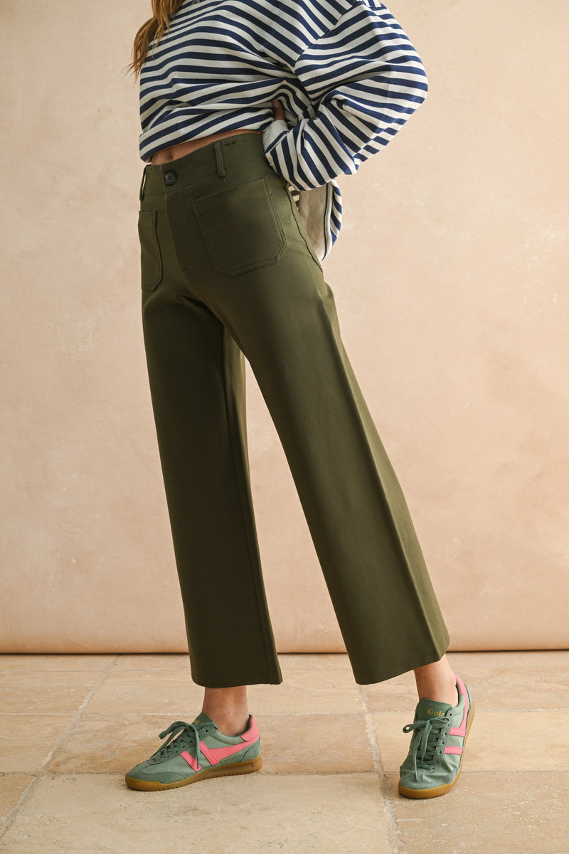 Cropped Wide Leg Ponte Fabric Pant - Olive Green