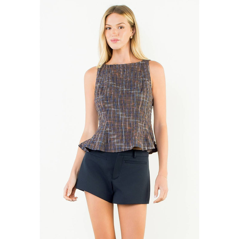 Plaid Peplum Top - Brown
