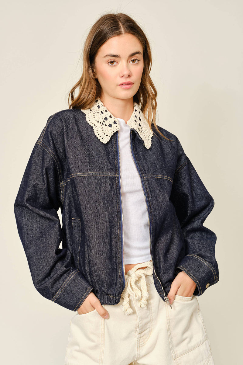 Crochet Collar Denim Jacket - Black Demin