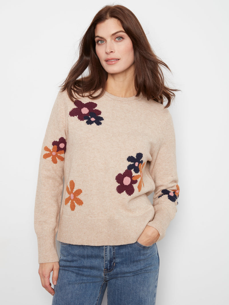 Charlie B • Long Sleeve Crew Neck Sweater W/ Placed Jacquard Flowers - Light Heather Sand