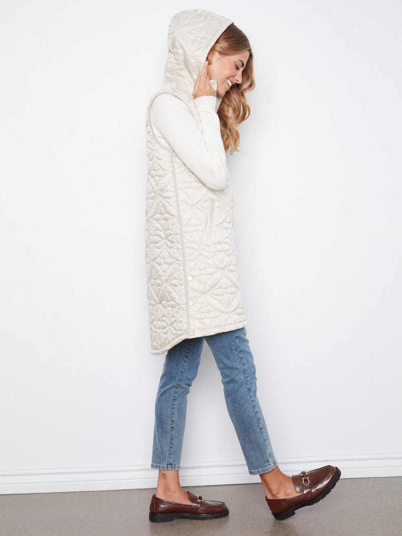 Charlie B • Sleeveless Long Puffer Vest W/ Removable Hood - Pearl
