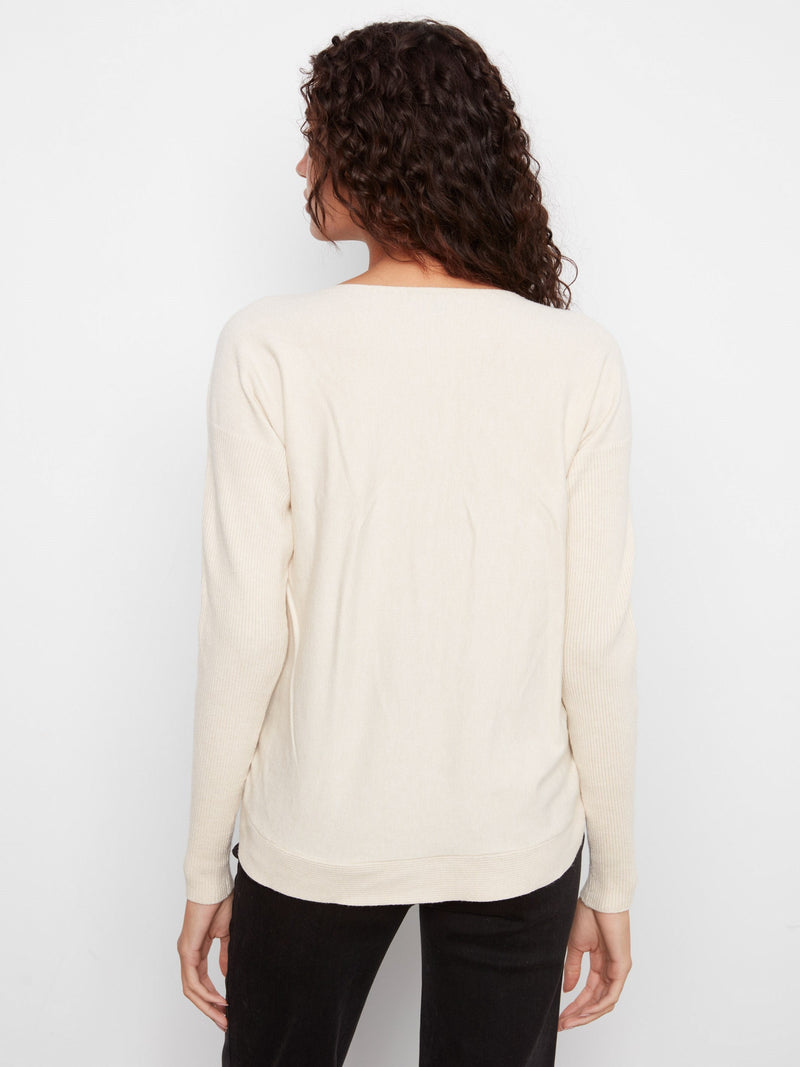 Charlie B • Long Sleeve Boat Neck Sweater W/ Side Button - Heather