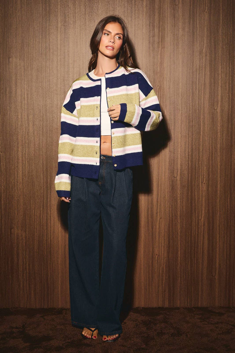 Stripe Sweater Cardigan - Navy Multi