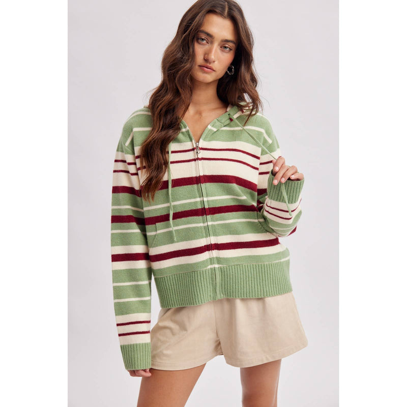 Stripe Sweater Hoodie - Sage & Burgundy