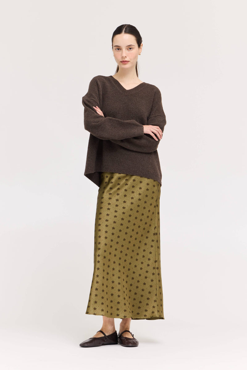 Floral Satin Slip Skirt - Tapenade