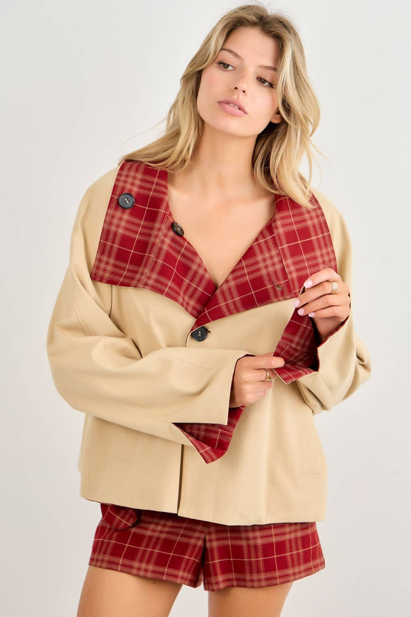 Reversible Crop Trench Coat - Camel & Brick