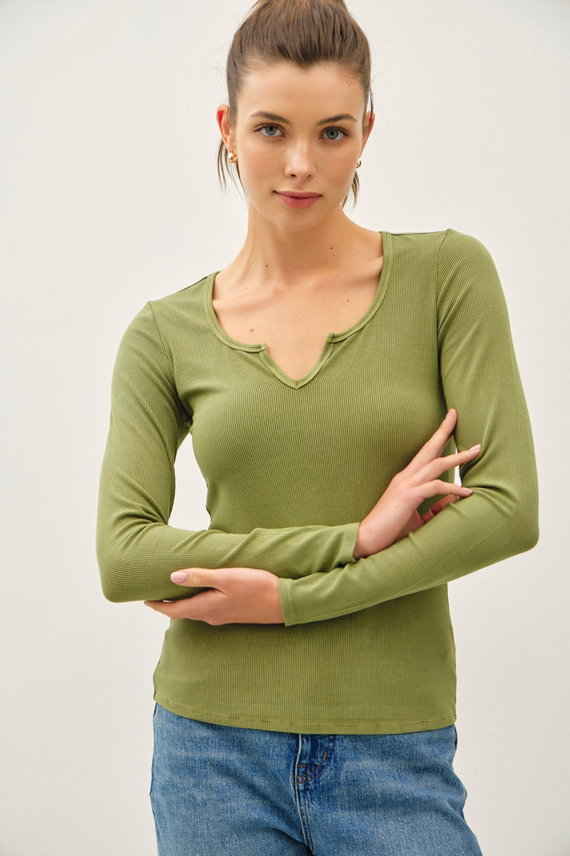 Ribbed Notched Neck Top - Olive