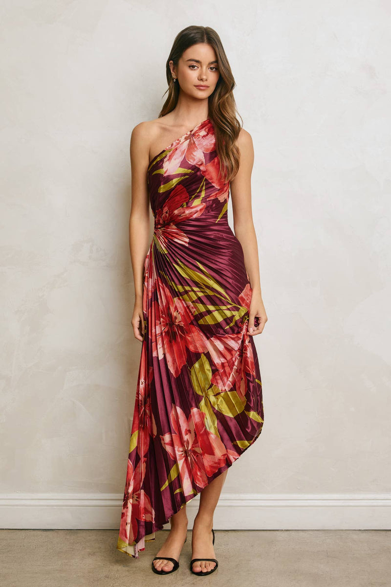 Floral One-Shoulder Asymmetrical Pleated Dress - Hibiscus Plum